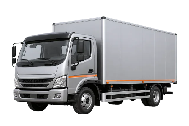Grauer LKW mit Kofferaufbau